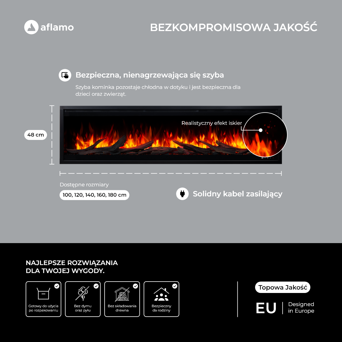 Aflamo kominek elektryczny Royal 3D ścienny, do zabudowy wiele rozmiarów