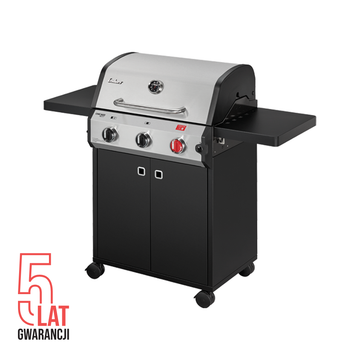 Grill gazowy Enders Chicago Next 3 R Turbo w kolorze czarnym ze stalową pokrywą i dwiema składanymi półkami bocznymi.
