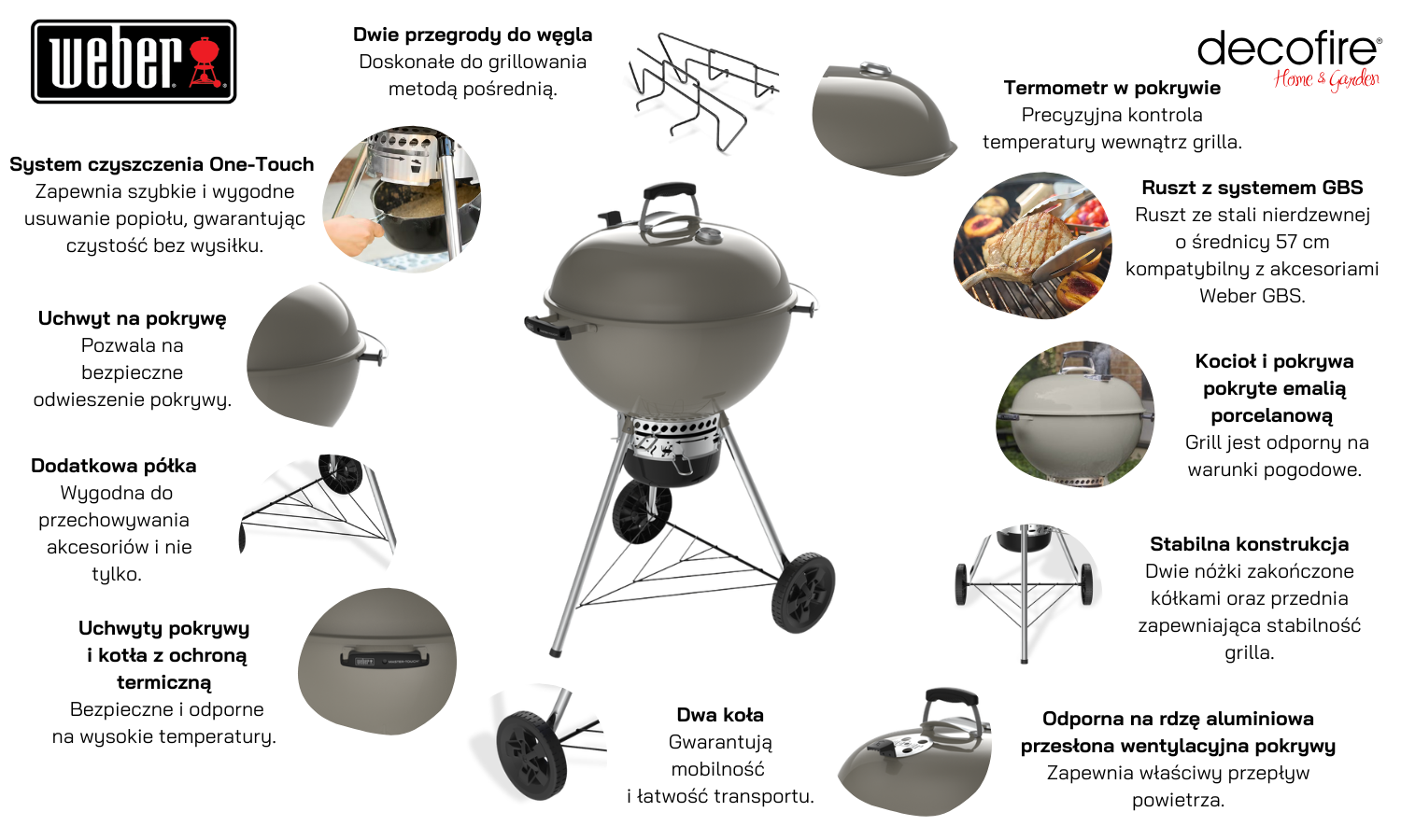 Grill węglowy Weber Master-Touch GBS 5755 Smoke EU 57 cm cechy