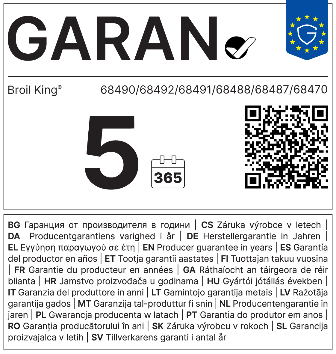 Etykieta Garan 5 lat Broil King
