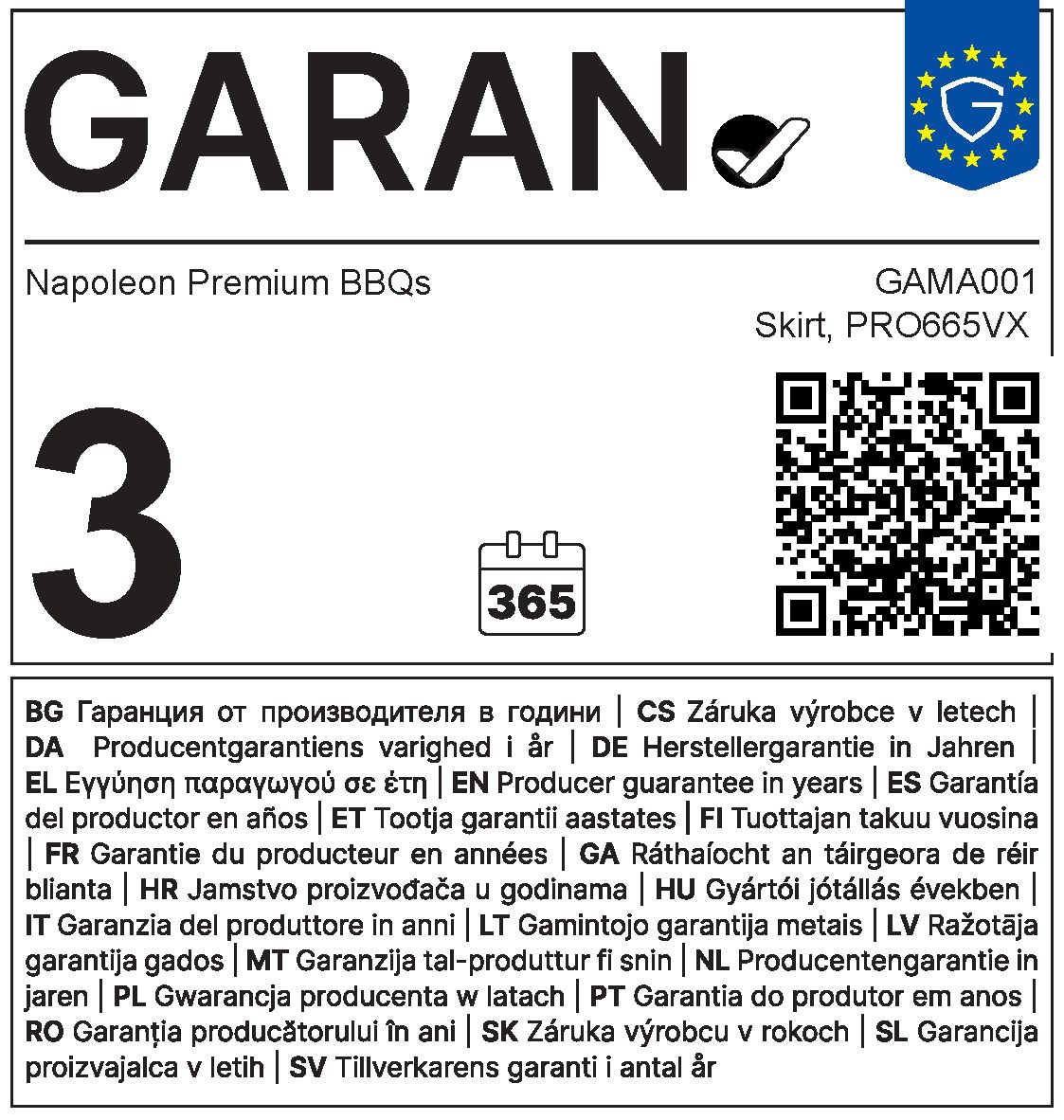 Etykieta gwarancyjna 3 lata Napoleon GAMA001