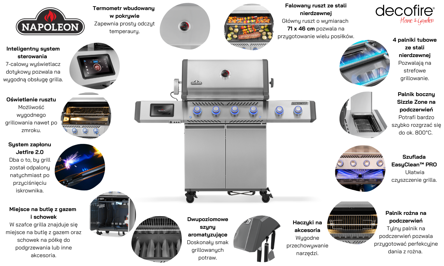 Grill gazowy Napoleon Prestige PRO 500 z palnikiem rożna i palnikiem bocznym Sizzle Zone cechy