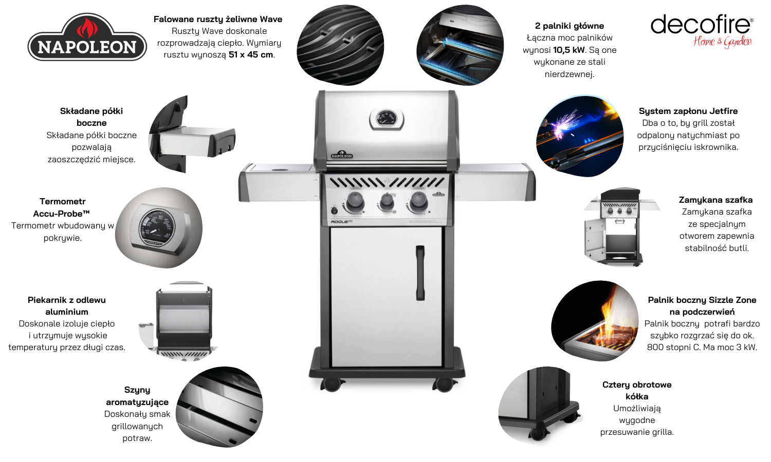 Grill gazowy Napoleon Rogue XT 265 SIBPSS z alnikiem bocznym na podczerwień główne funkcje
