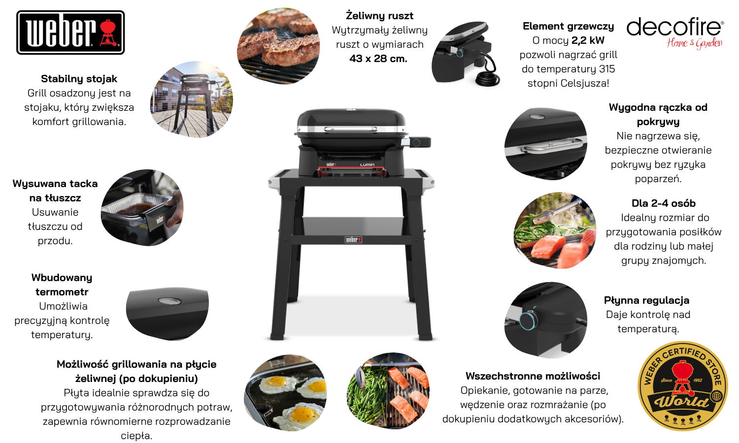 Grill elektryczny Weber Lumin Compact Black ze stojakiem cechy