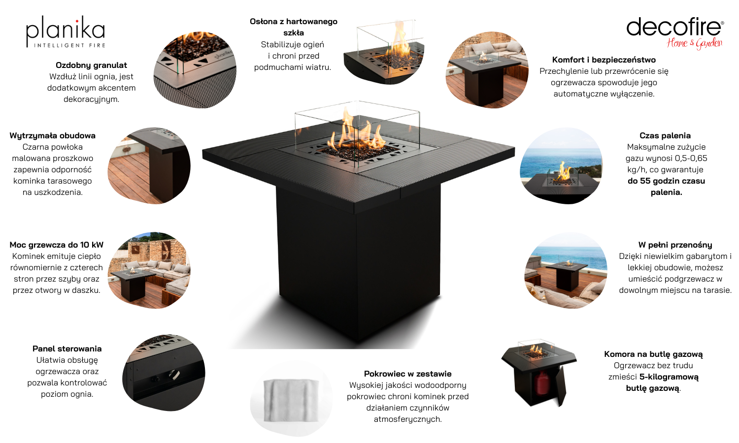 Kominek gazowy Planika Square Table funkcje