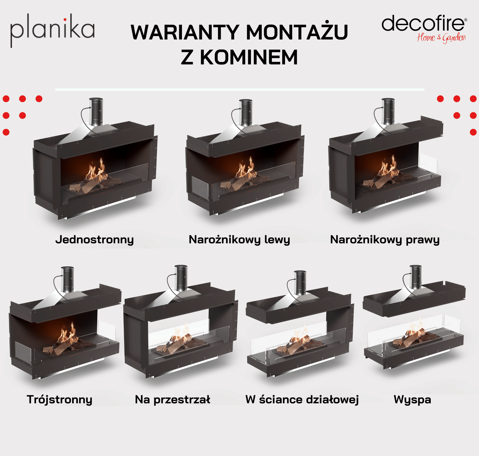 Warianty montażu biokominka Planika Flogs 990 mm + Forma 1200 z podłączeniem do komina