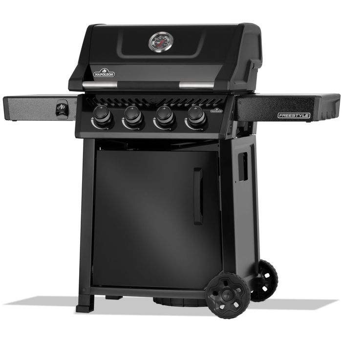 Grill gazowy Napoleon Freestyle 425 czarny rozłożone półki boczne
