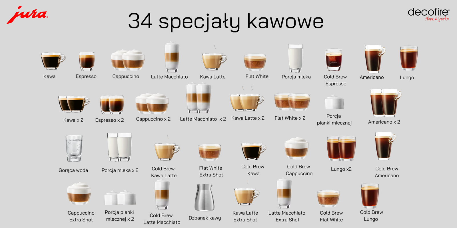 35 specjałów kawowych dostępnych w ekspresie Jura X10c