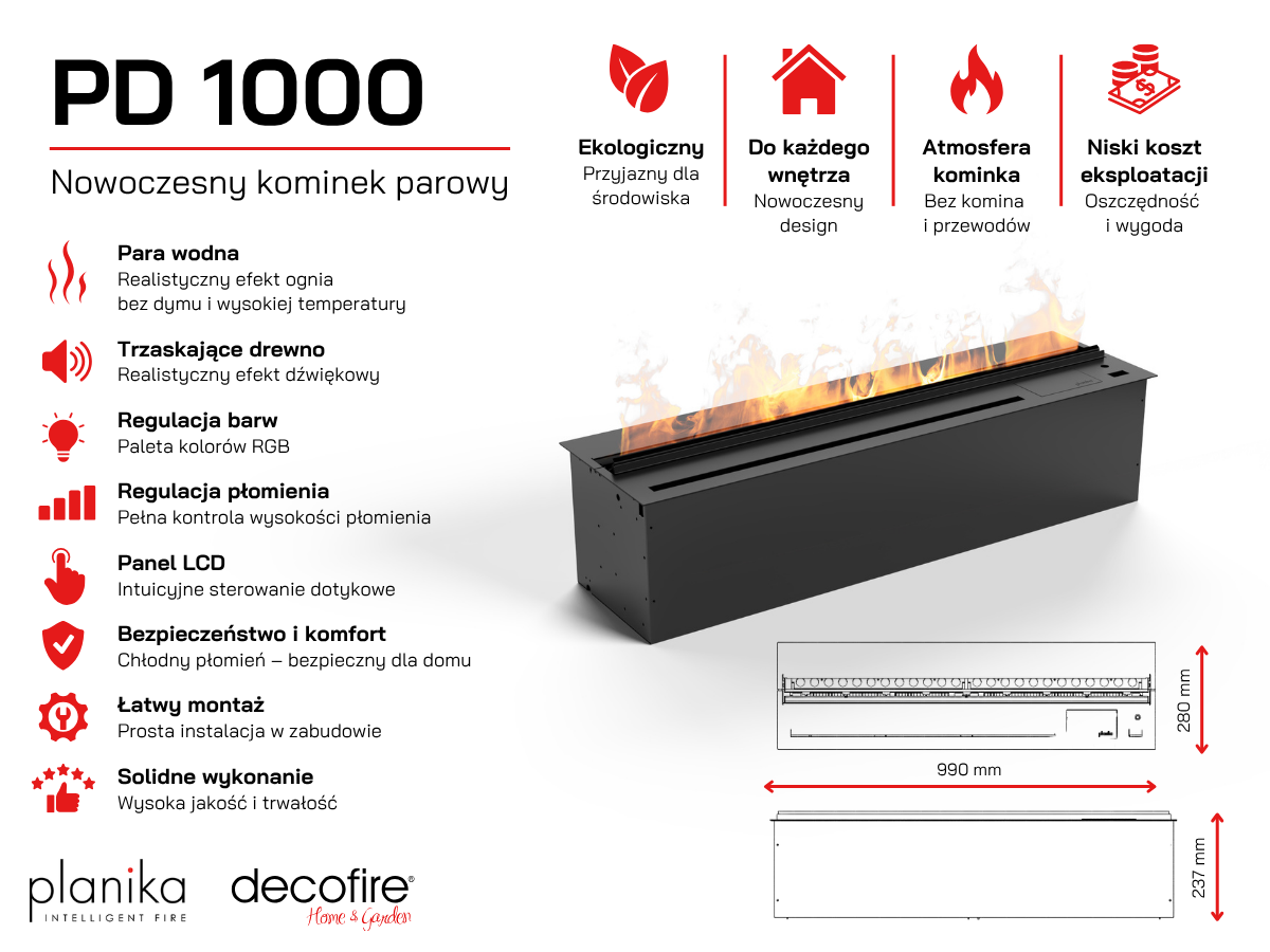 Wodna kaseta kominkowa Planika Cool Flame PD 1000 specyfikacja