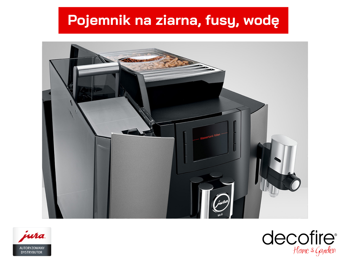 Ekspres Jura WE8 wyposazony w duże pojemniki na wodę, fusy oraz ziarna