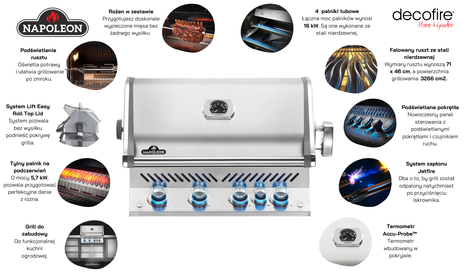 Grill gazowy do zabudowy Napoleon Prestige PRO 500 RB główne funckje