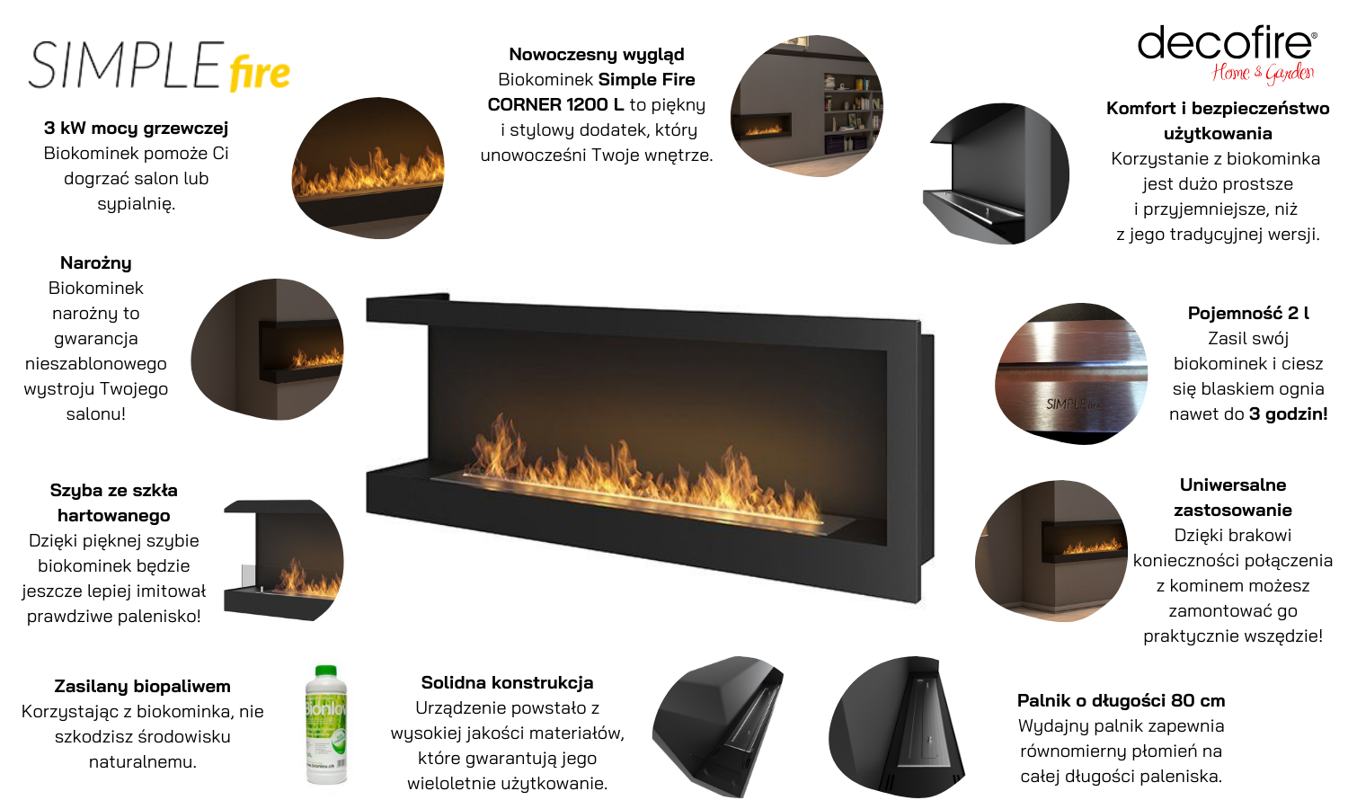 Biokominek narożny Simple Fire CORNER 1200L lewy główne funkcje
