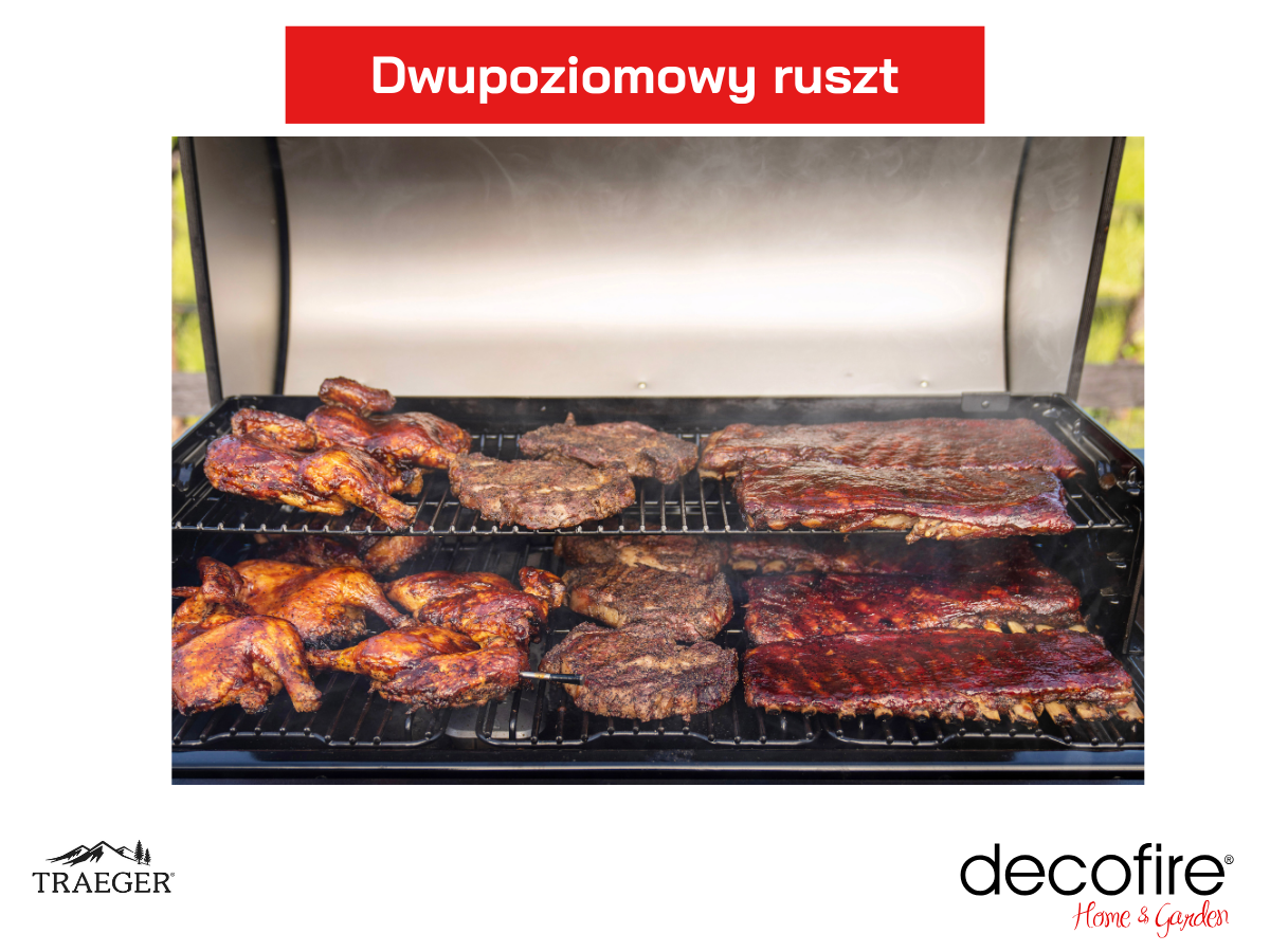 Duża powierzchnia grillowania – dwupoziomowy ruszt ze stali pokrytej emalią porcelanową