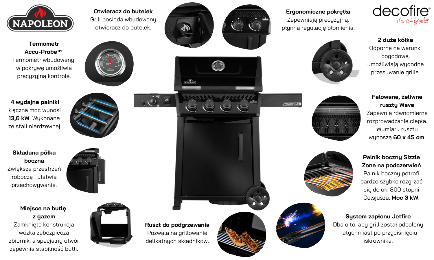 Grill gazowy Napoleon Freestyle PRO 425 z palnikiem bocznym na podczerwień cechy