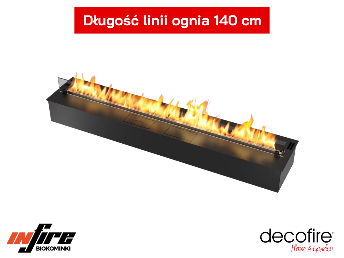 Długi 140-cm płomień w biokominku do zabudowy Infire Etronic Burner 1500.