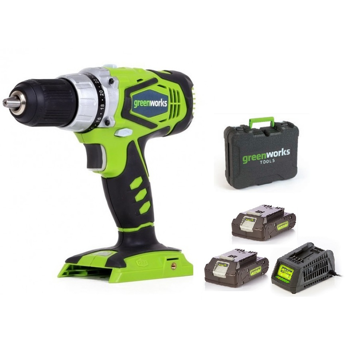 GreenWorks Akumulatorowa Wiertarko-Wkrętarka 24V zestaw z 2x2Ah baterie i 1 ładowarka (3700507)