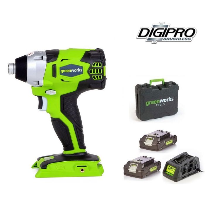 GreenWorks Akumulatorowa Wkrętarka udarowa DigiPro 24 V Zestaw – 2 baterie 2Ah + Ładowarka (32067)