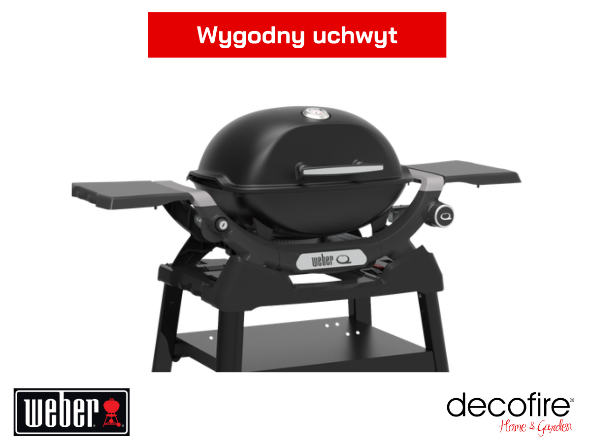 Grill gazowy Weber Q 1200N na kartusze ze stolikami bocznymi i stojakiem – wygodny uchwyt