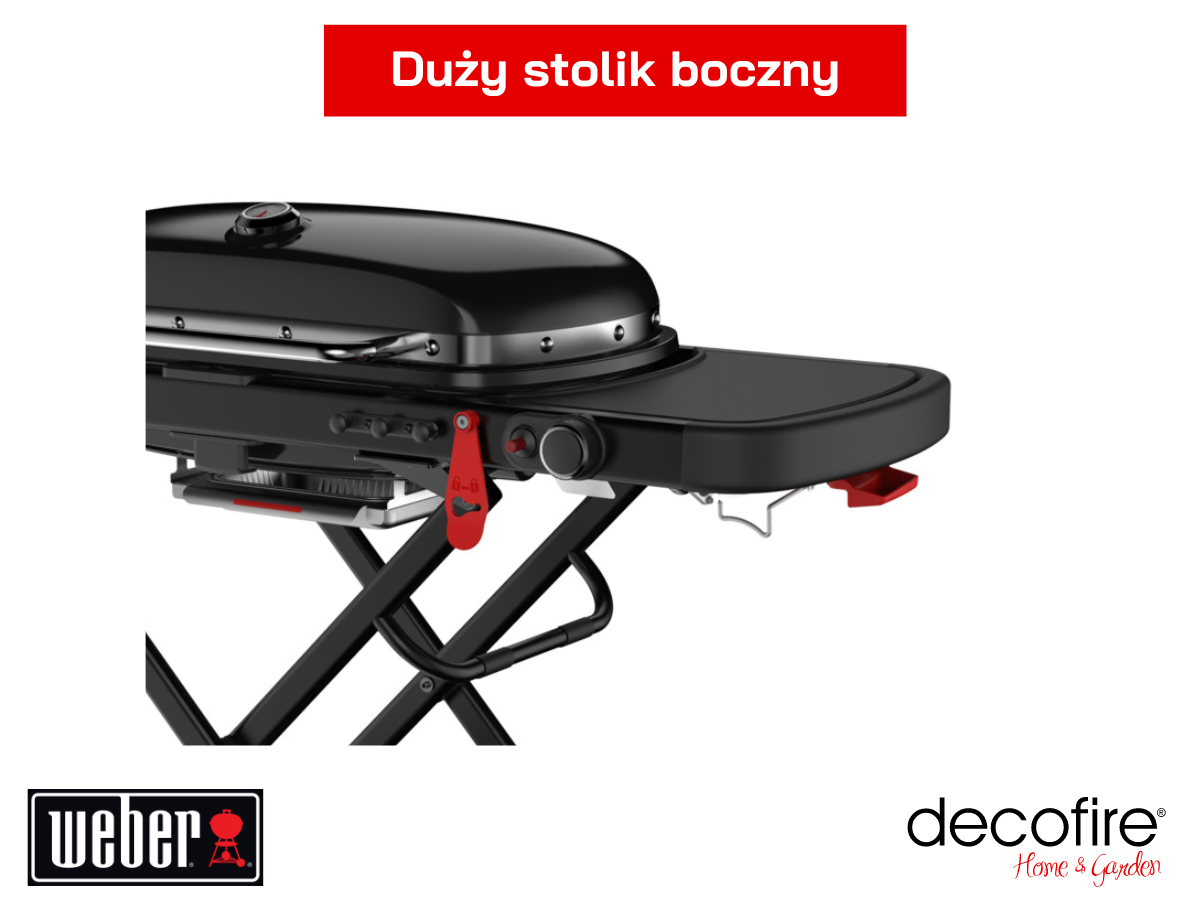 Duży stolik boczny i haczyki na akcesoria w grillu gazowym Weber Traveler Stealth Edition