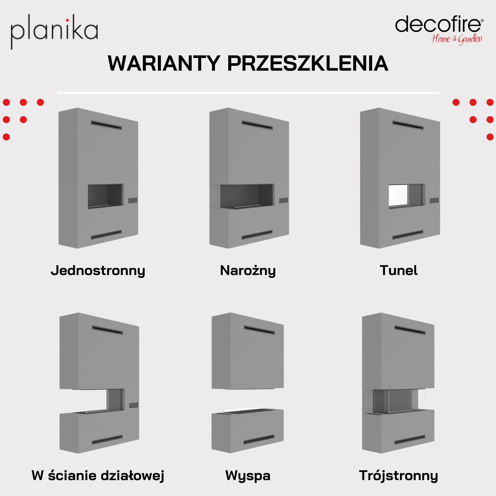 Warianty przeszklenia biokominka Planika