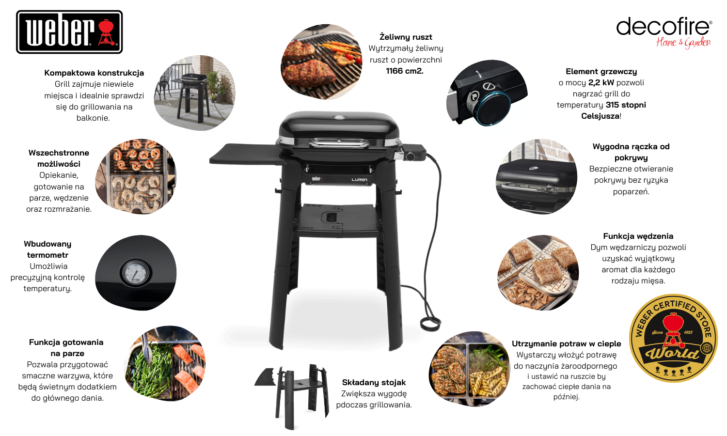 Grill elektryczny Weber Lumin czarny ze stojakiem funkcje