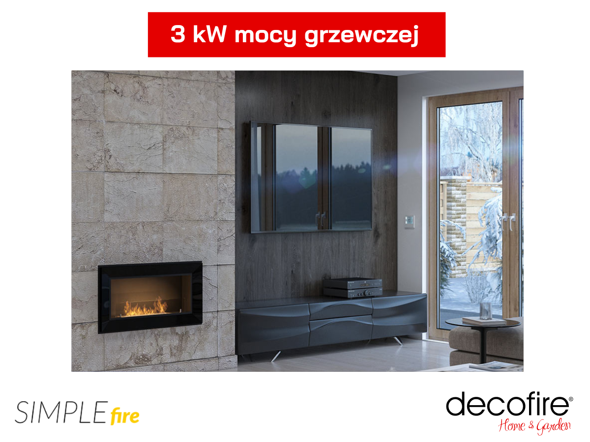 Biokominek Simple Fire FRAME 900 z mocą grzewczą 3 kW ogrzewający salon