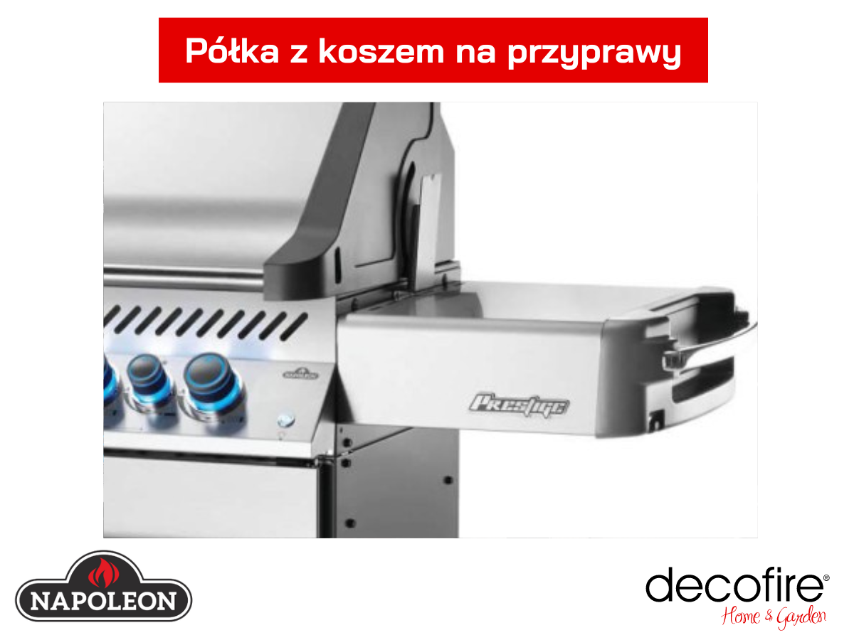 Grill gazowy Napoleon Prestige 665 RSIB Stainless Steel półka boczna z koszem