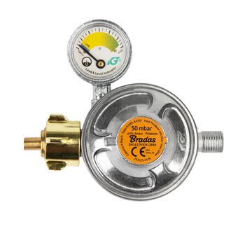 Bradas Reduktor gazowy 50mbar, 1,5kg/h, z zaworem bezpieczeństwa i manometrem, GZ 1/4" L