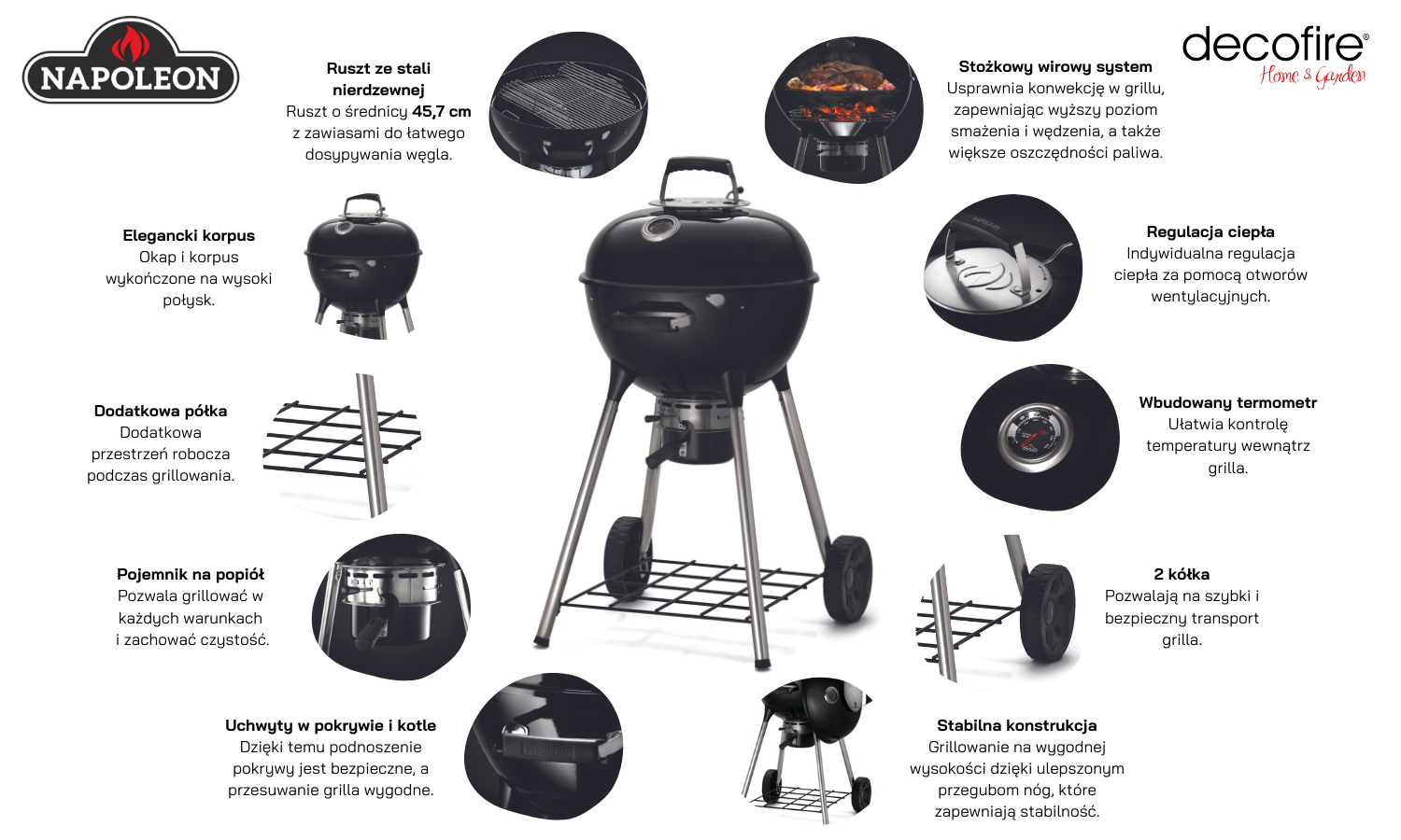 Grill węglowy Napoleon Kettle NK18K-LEG-3 główne funkcje