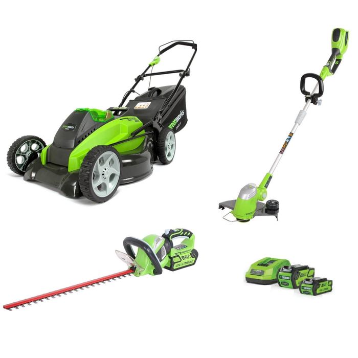 Zestaw GreenWorks Kosiarka 40 V + Podkaszarka 40 V +Nożyce do żywopłotu 40 V + Akumulator 2Ah i 4Ah 40 V + Ładowarka 40 V - W ZESTAWIE TANIEJ!
