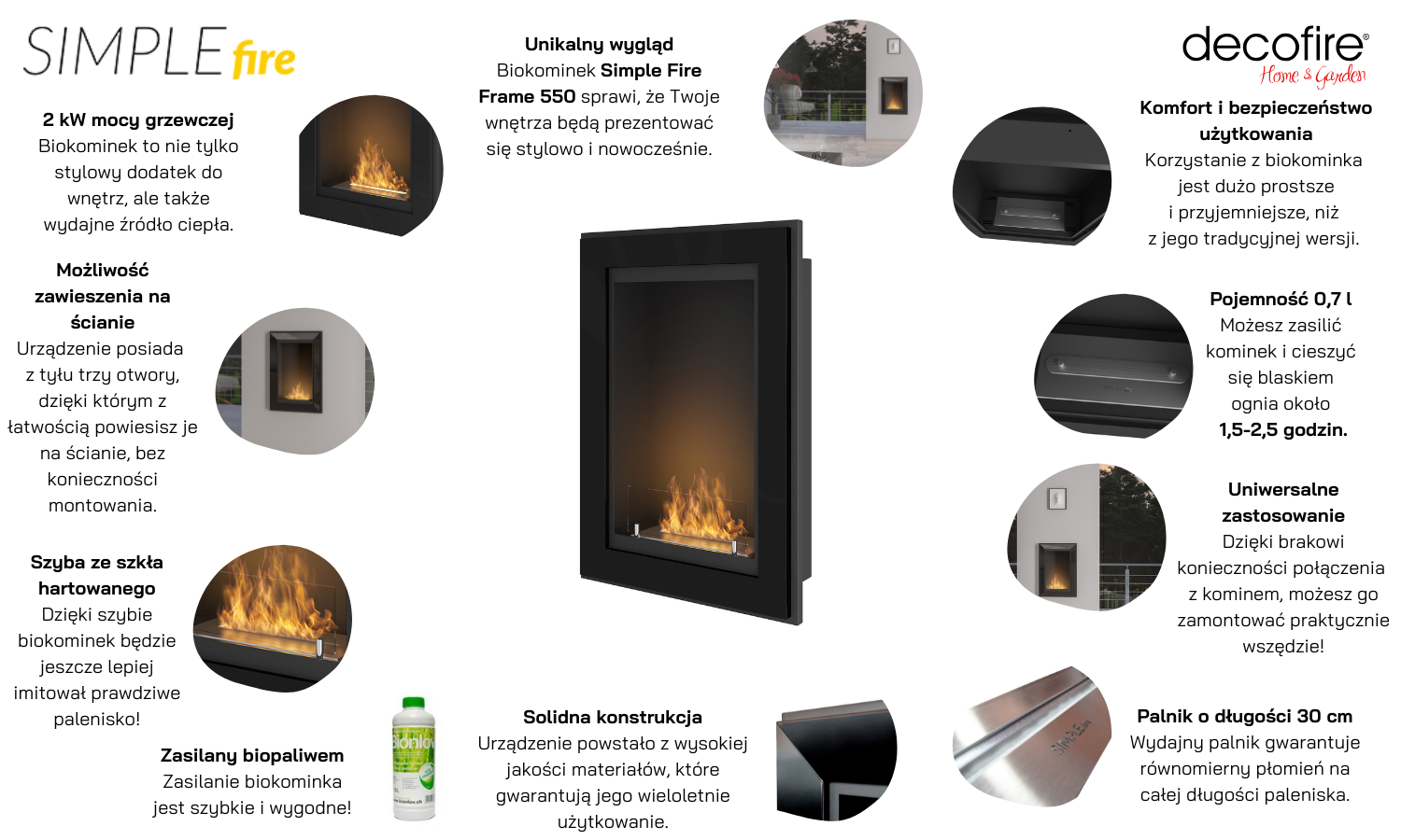Czarny biokominek Simple Fire FRAME 550 główne funkcje