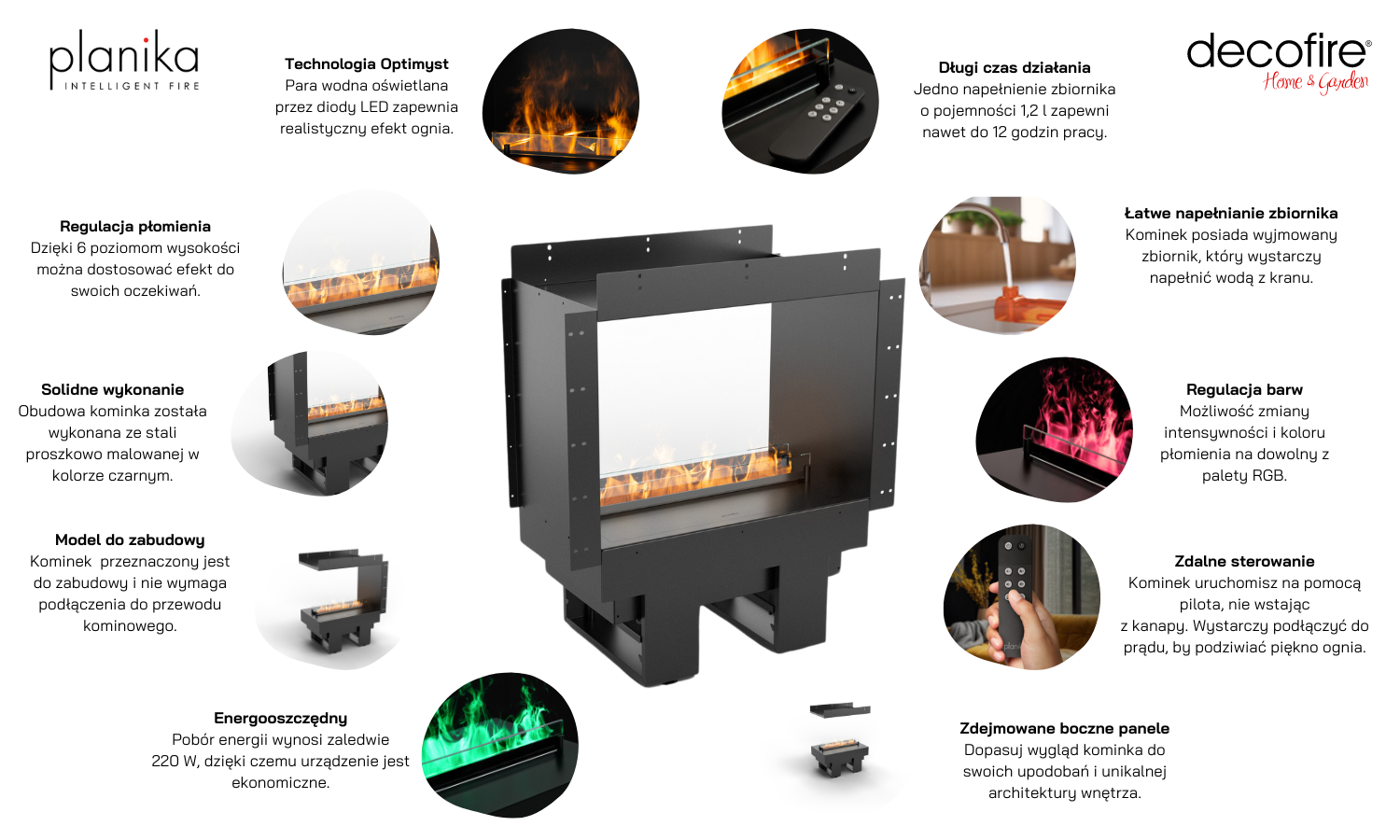 Kominek na parę wodną Planika Cool Flame 500 See-Through Fireplace funkcje 