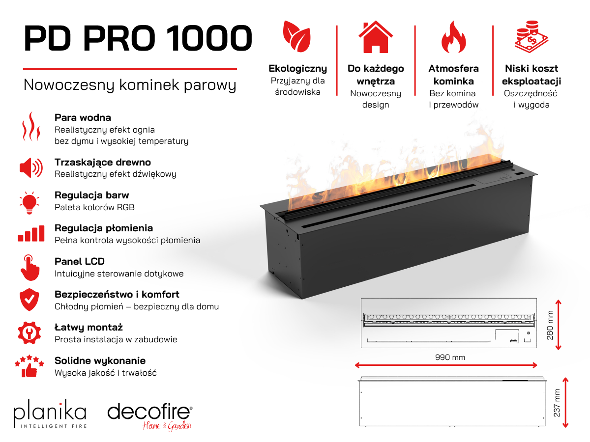 Wodna kaseta kominkowa Planika Cool Flame PD PRO 1000 specyfikacja techniczna