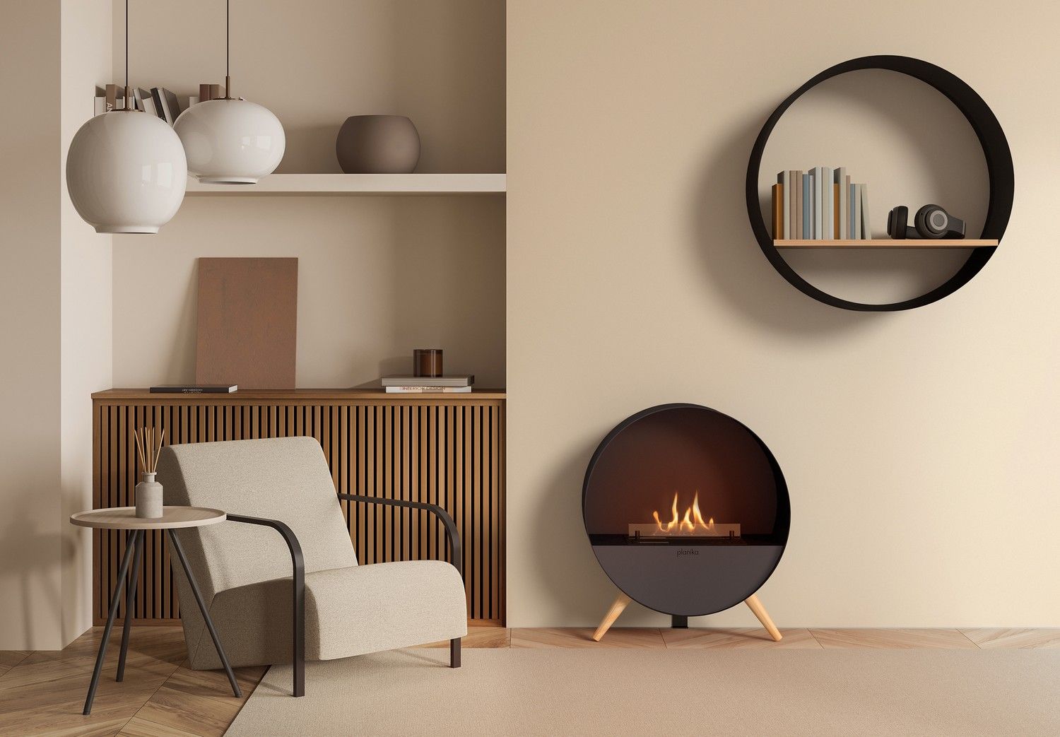 Biokominek bez montażu Planika Bubble Wall przy ścianie