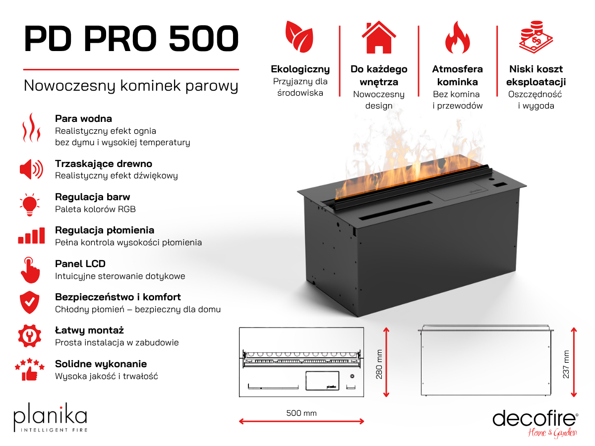 Wodna kaseta kominkowa Planika Cool Flame PD PRO 500 specyfikacja techniczna