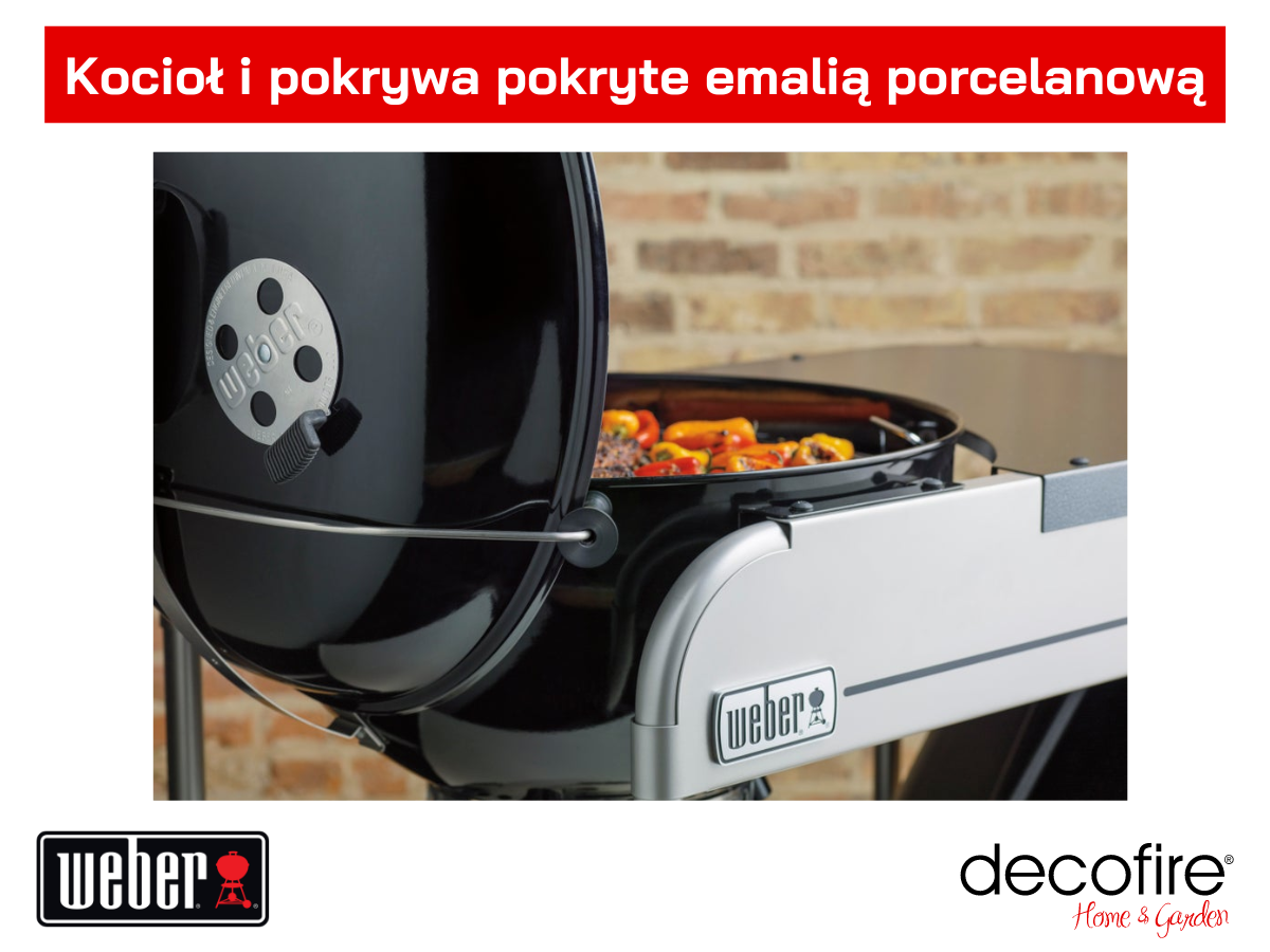 Pokrywa i kocioł grilla pokryte emalią porcelanową.