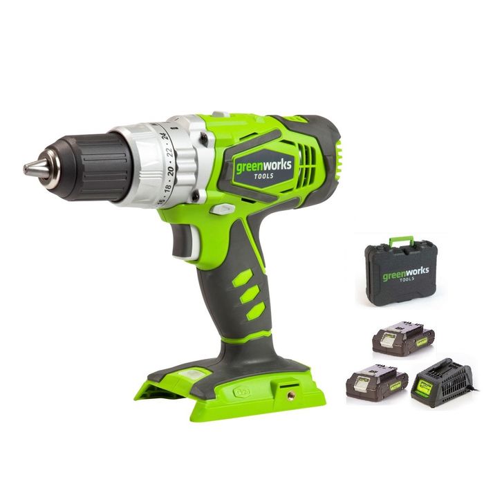 GreenWorks Akumulatorowa Wiertarko-Wkrętarka udarowa 24V Zestaw – 2 baterie 2Ah + Ładowarka (32037)