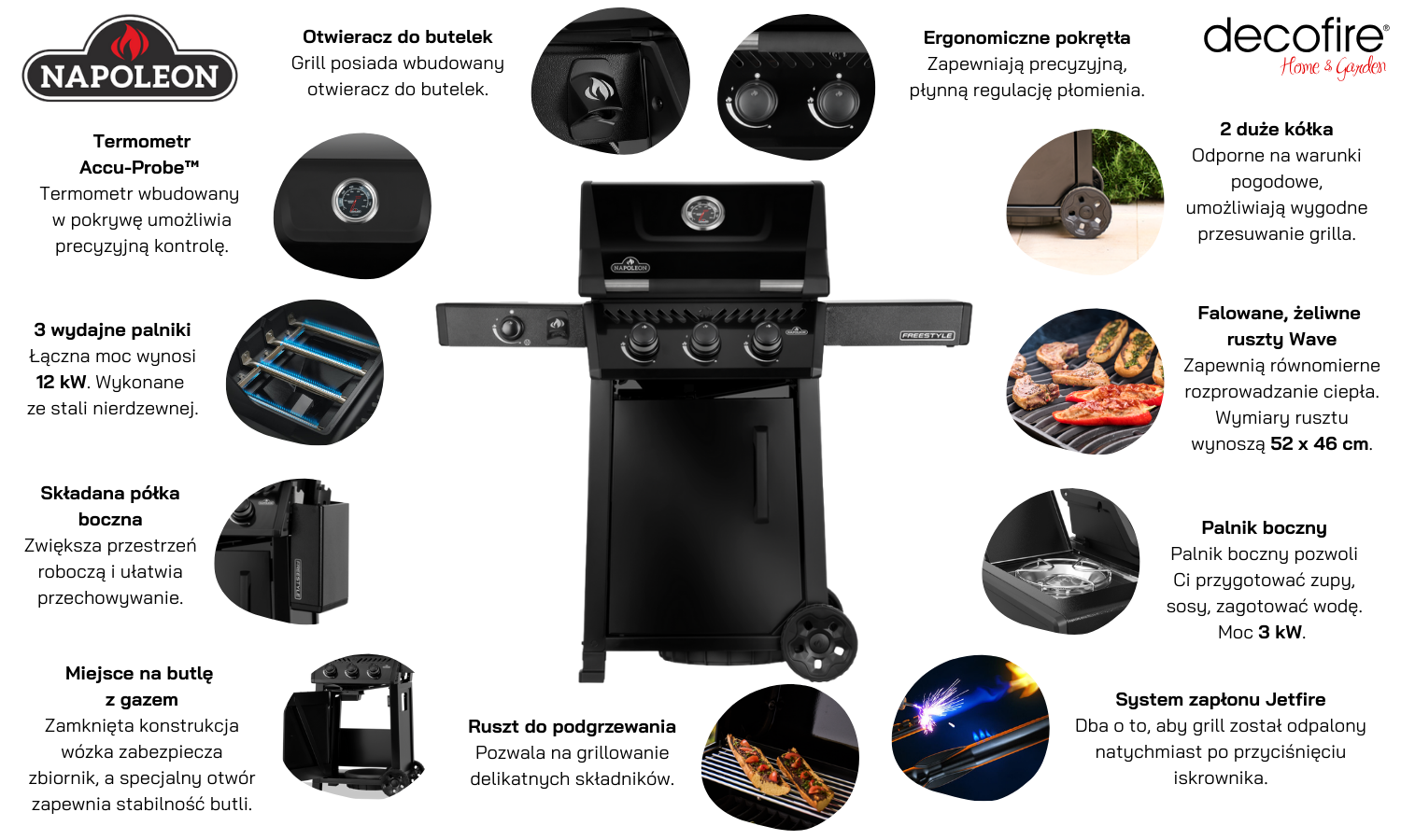 Grill gazowy Napoleon Freestyle 365 z palnikiem bocznym czarny cechy