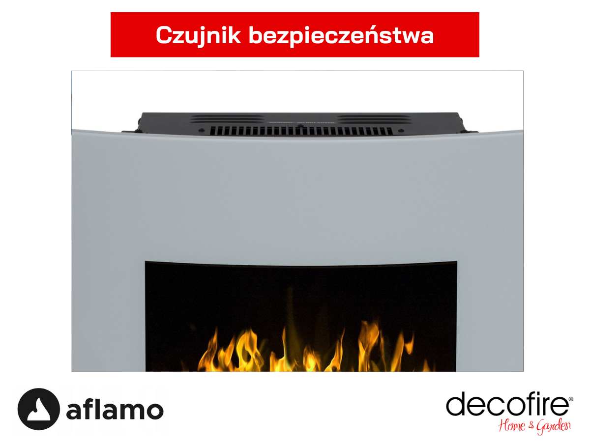 Czujnik bezpieczeństwa w białym kominku elektrycznym Aflamo Malibu