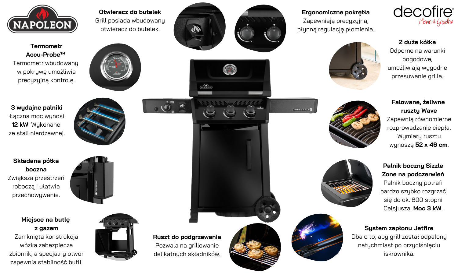 Grill gazowy Napoleon Freestyle PRO 365 z palnikiem bocznym na podczerwień Sizzle Zone czarny cechy