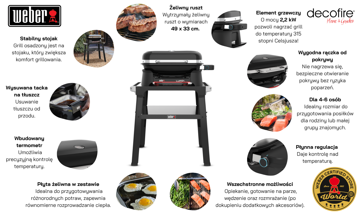 Grill elektryczny Weber Lumin Black ze stojakiem cechy