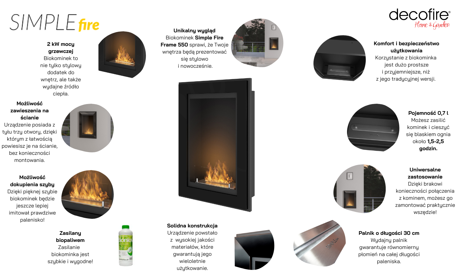 Czarny biokominek Simple Fire FRAME 550 główne funkcje