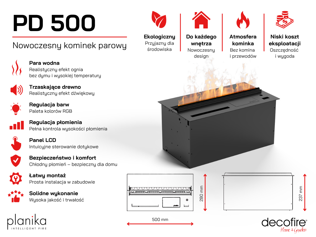 Wodna kaseta kominkowa Planika Cool Flame PD 500 specyfikacja