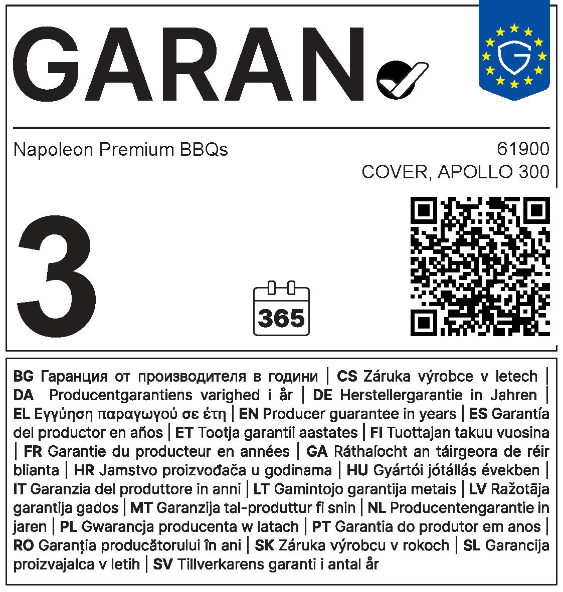 Etykieta gwarancyjna 3 lata Napoleon 61900