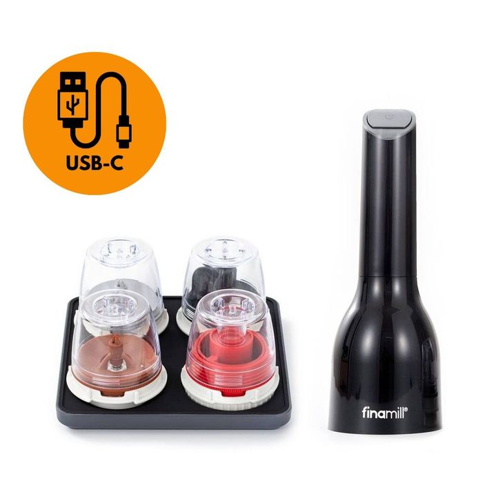 Zestaw Finamill BBQ akumulatorowy USB-C (młynek + 4 pojemniki + tacka)