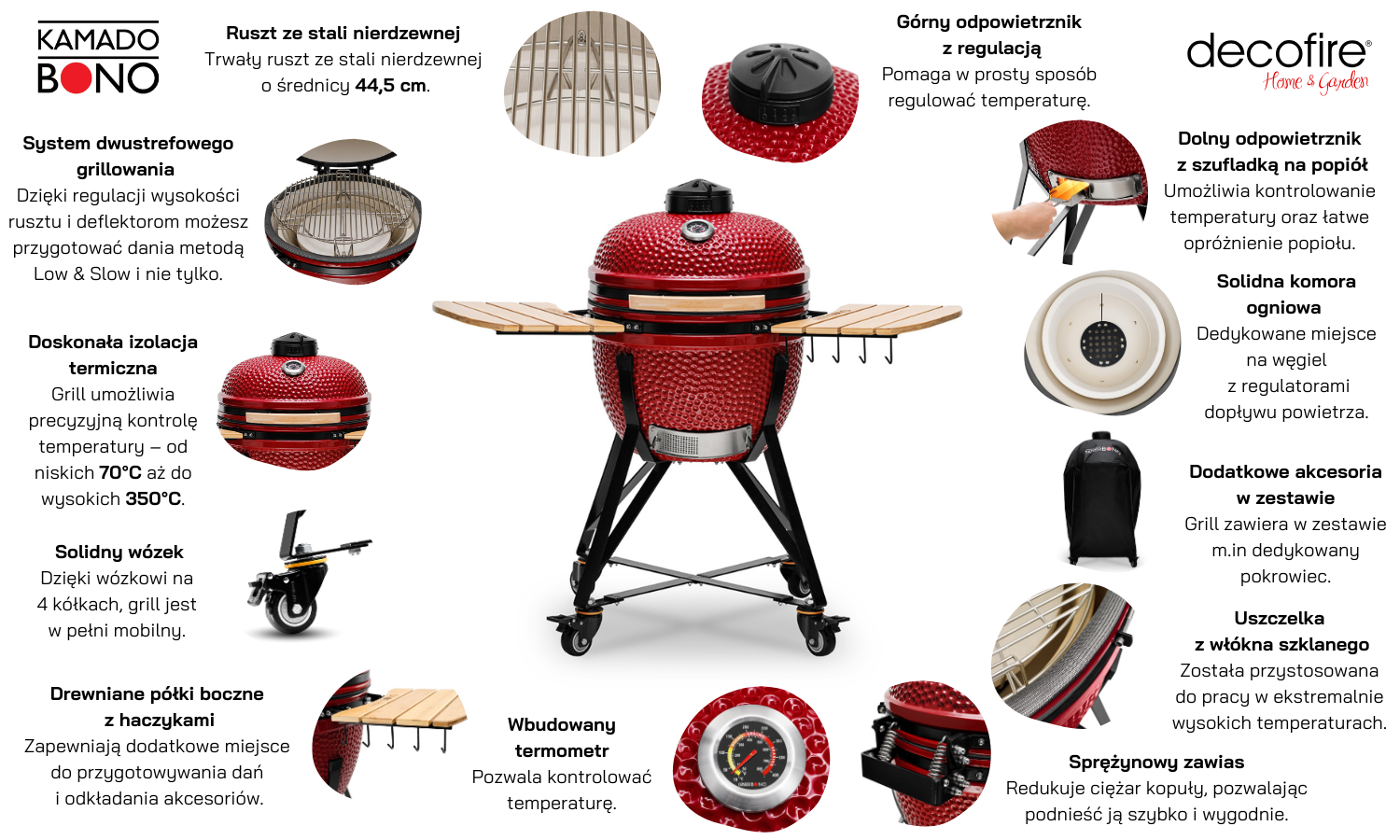 Grill ceramiczny węglowy Kamado Bono Media 20" 52 cm red cechy
