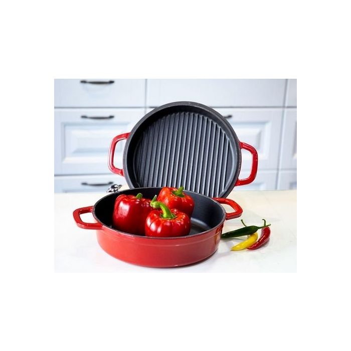 Garnek żeliwny OPA  z pokrywką do grillowania 28 cm, czerwony