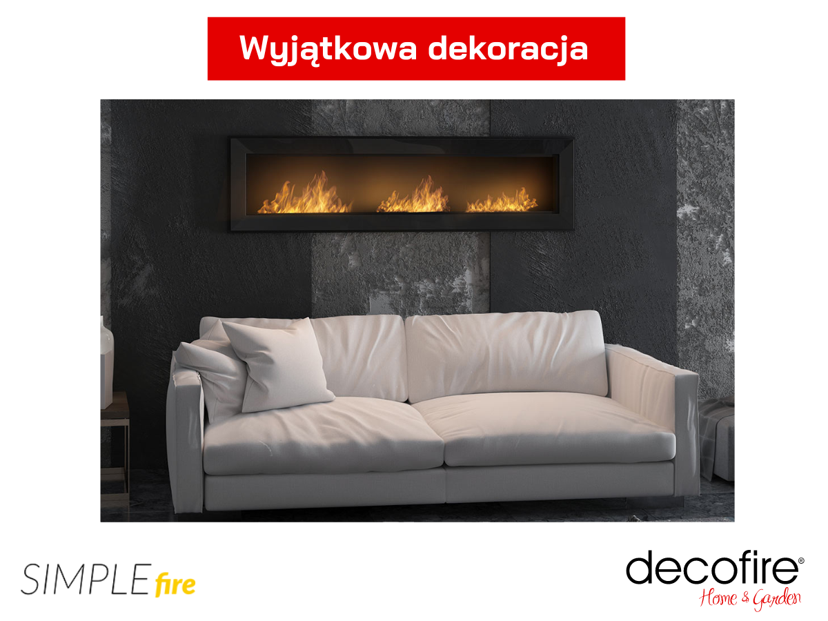 Biokominek wiszący SImple Fire FRAME 1800 wyjątkowa dekoracja na ścianie w salonie nad kanapą