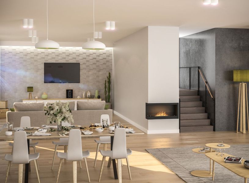 Nowoczesna aranżacja z biokominkiem narożnym Simple Fire CORNER 900L