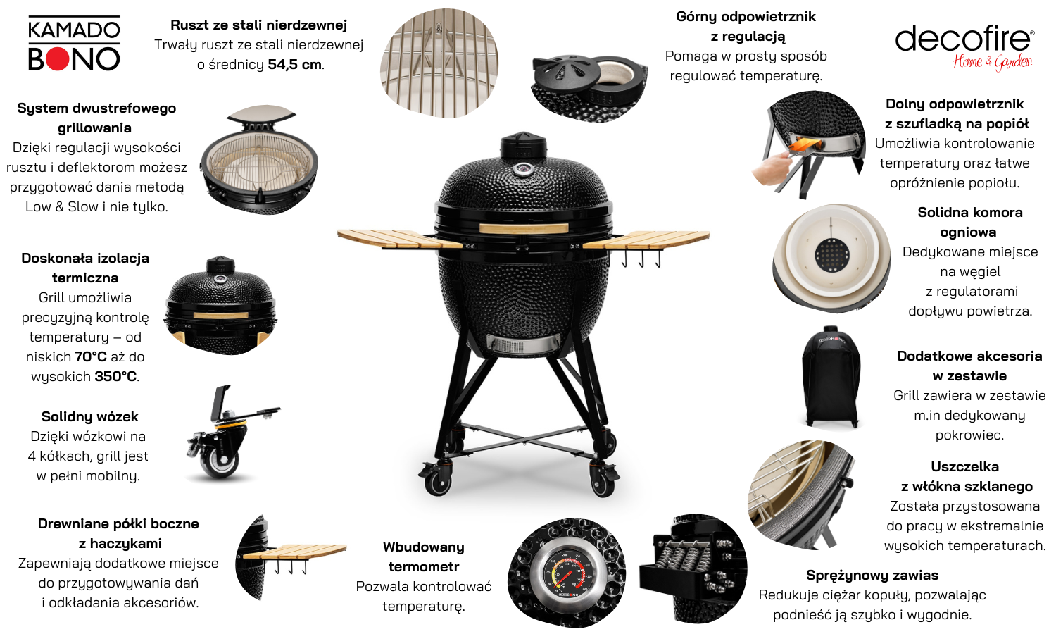 Grill ceramiczny węglowy Kamado Bono Limited 25" 64 cm black cechy